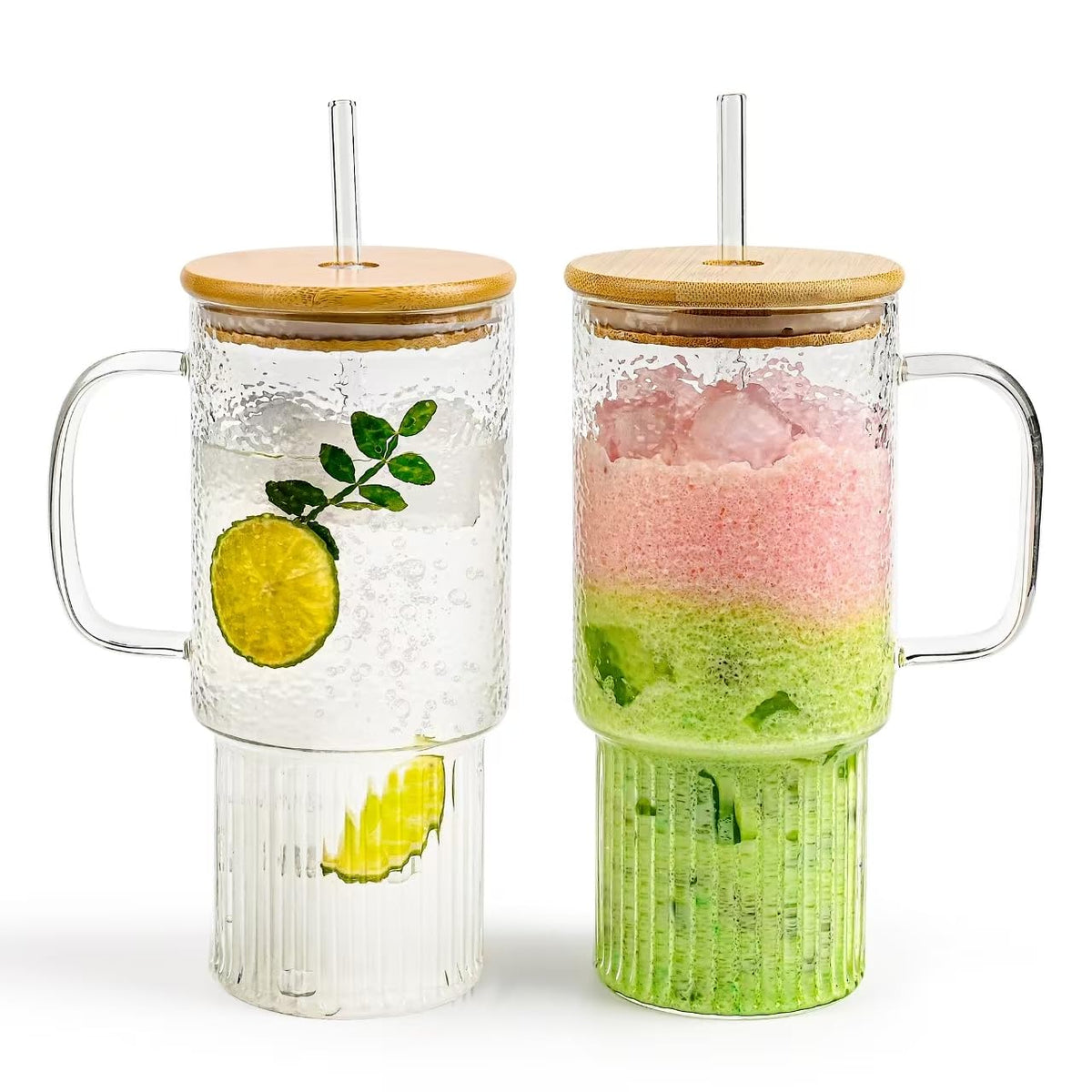 32oz Ribbed Borosilicate Glass Tumbler with Handle, Bamboo Lid and Straw (clear-1 Pack-Bamboo Lid)
