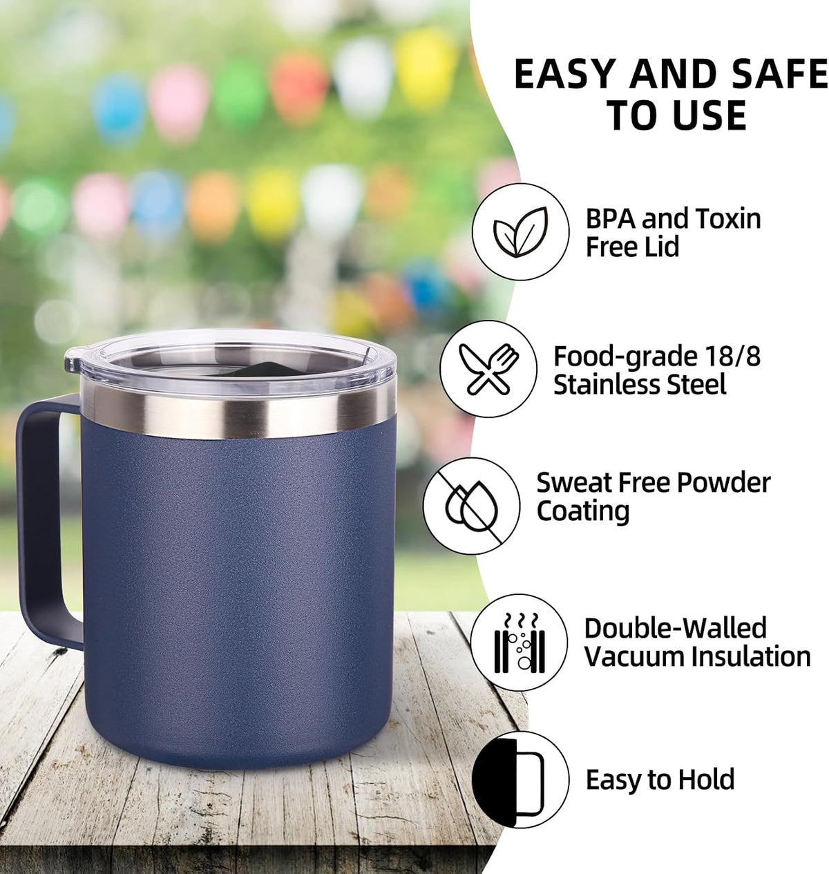 Volhoply 14oz Insulated Stainless Steel Coffee Mug with Lid Bulk 8 Pack,Double Wall Vacuum Travel Coffee Cup with Handle,Reusable Metal Cups Tumbler Cup, Camping Mugs,Ideal Gifts(Mix,8)
