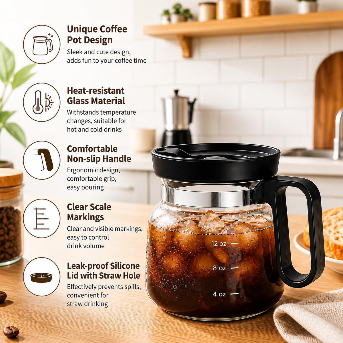 Shelprojsu 16oz Coffee Pot Mug,Glass Coffee Cups Mini Coffee Pot Coffee Mug,with Leak-proof Lid Large Capacity, For Ldeal Gift Coffee Lovers(1pc)