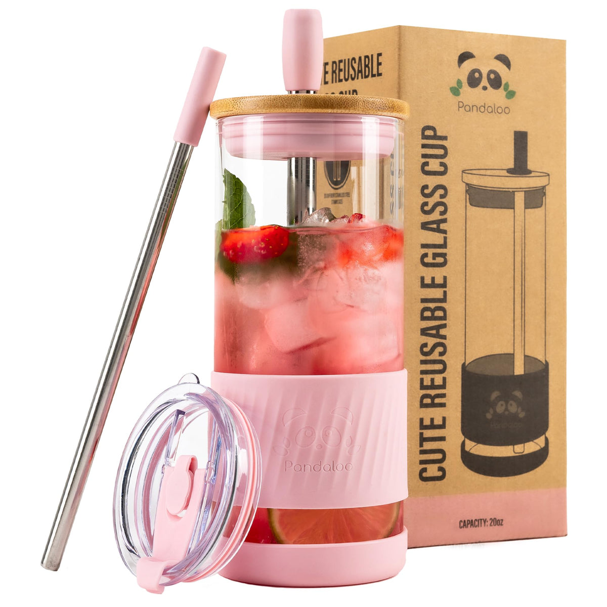 Pandaloo® Glass Cups With Lids and Straws -20 Fl Oz- Perfect Size Iced Coffee Cup - Smoothie Cup With Bamboo Lid and On the go Lid (Creamy Mushroom, 1 Count (Pack of 1)