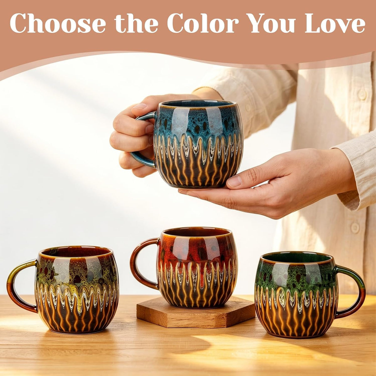 20oz Large Ceramic Coffee Mugs Unique Big Pottery Coffee Mug Microwave Safe Cool Stoneware Cups for Tea Latte Oversized Mug With Handle for Home Blue Wide Clay Mugs for Men Fancy Handmade Ceramic Cup