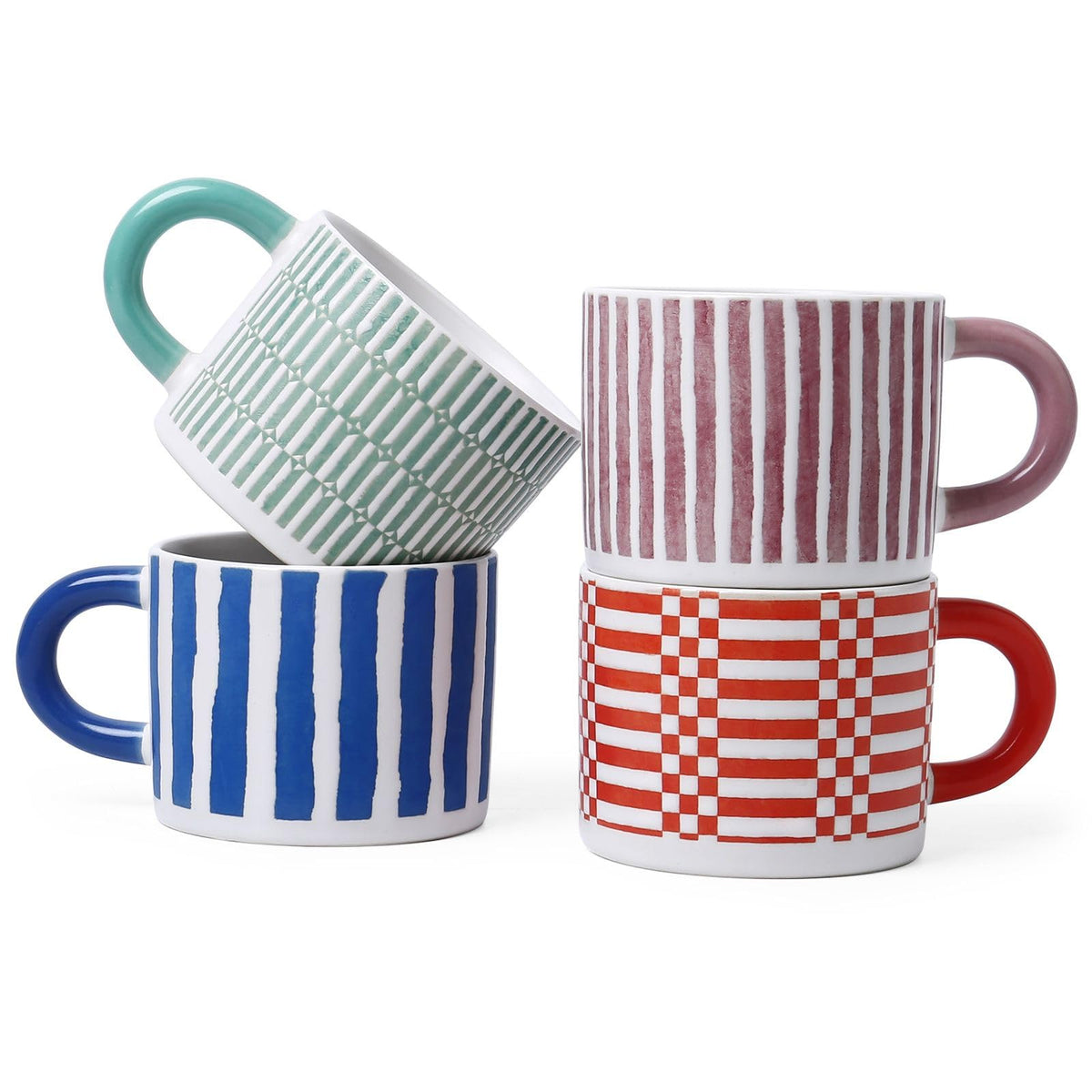 Stoneware Coffee Mugs Set of 4, 12oz Hand-Painted Coffee Cups with Handle