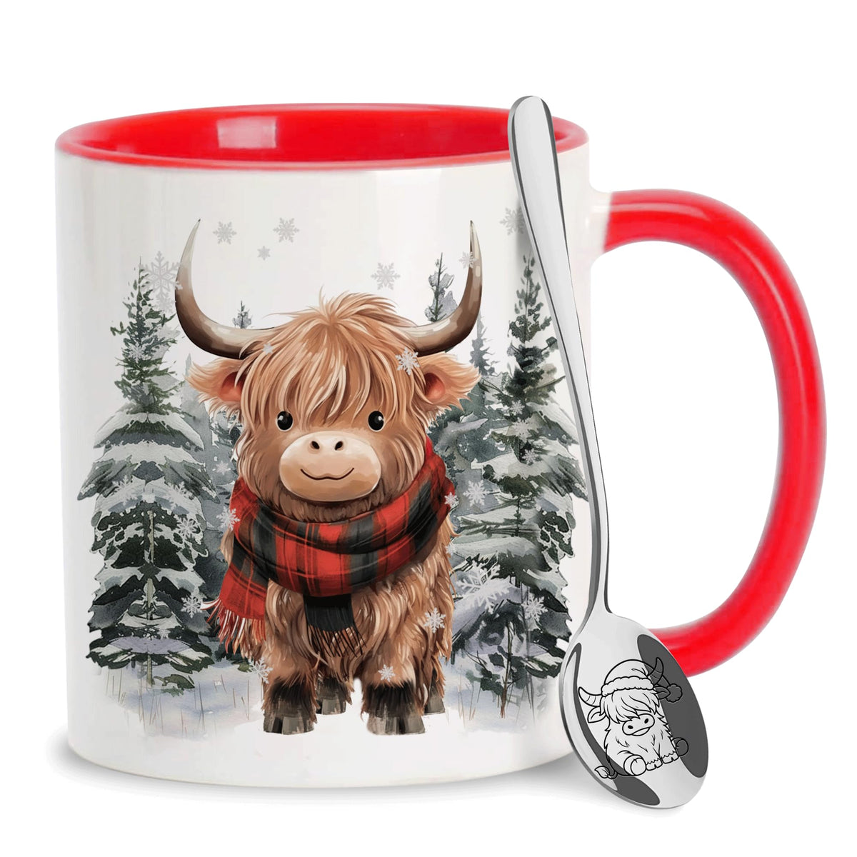 Hyturtle Fall Highland Cow Maple Leave Coffee Mug with Spoon Gift For Women
