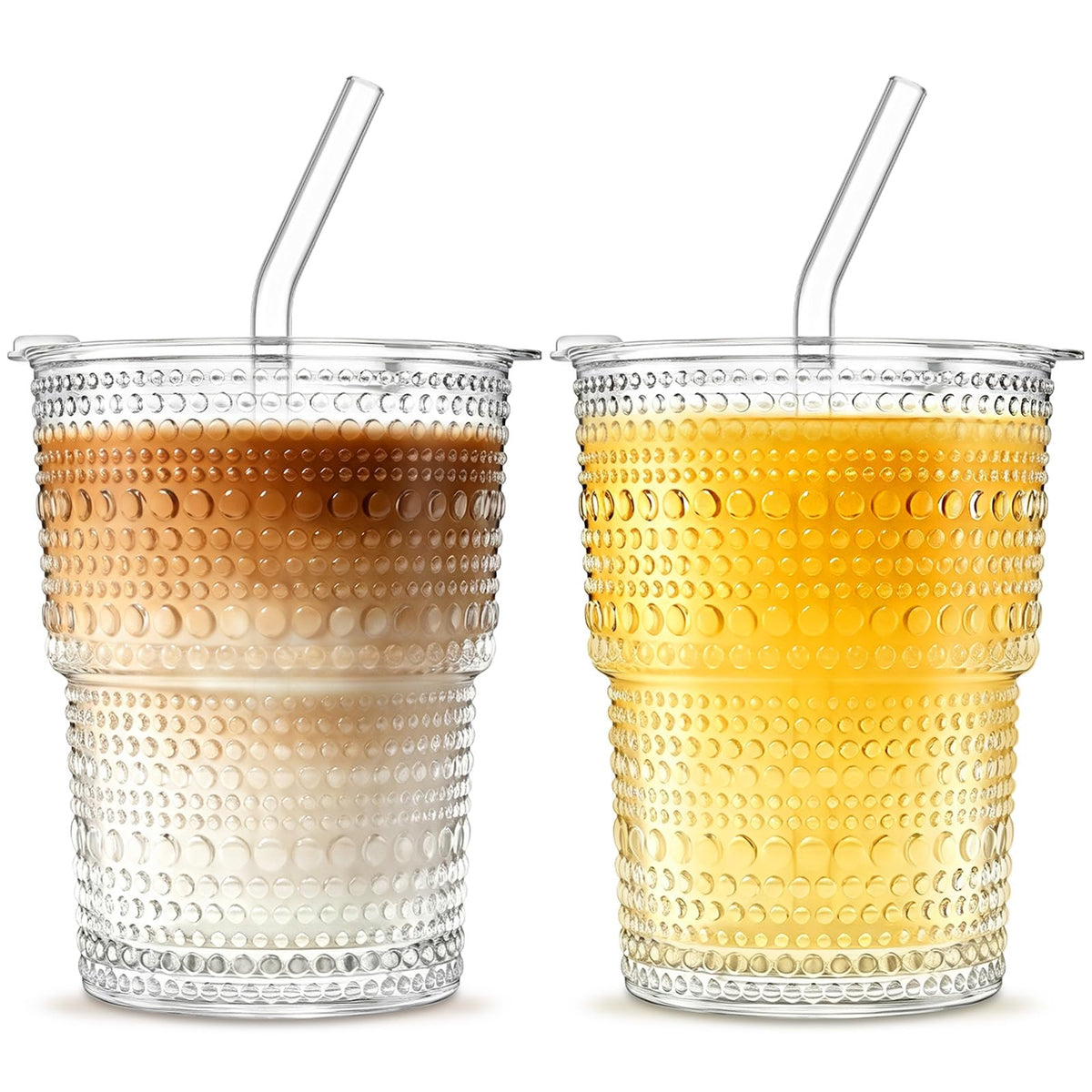 INSETLAN 20 oz Hobnail Glass Cups with Lids and Glass Straws – 4 Pieces, Thick-Walled Glass Tumblers for Iced Coffee, Smoothies, Milk, Water, Juice, and More – Elegant and Durable Drinking Glasses