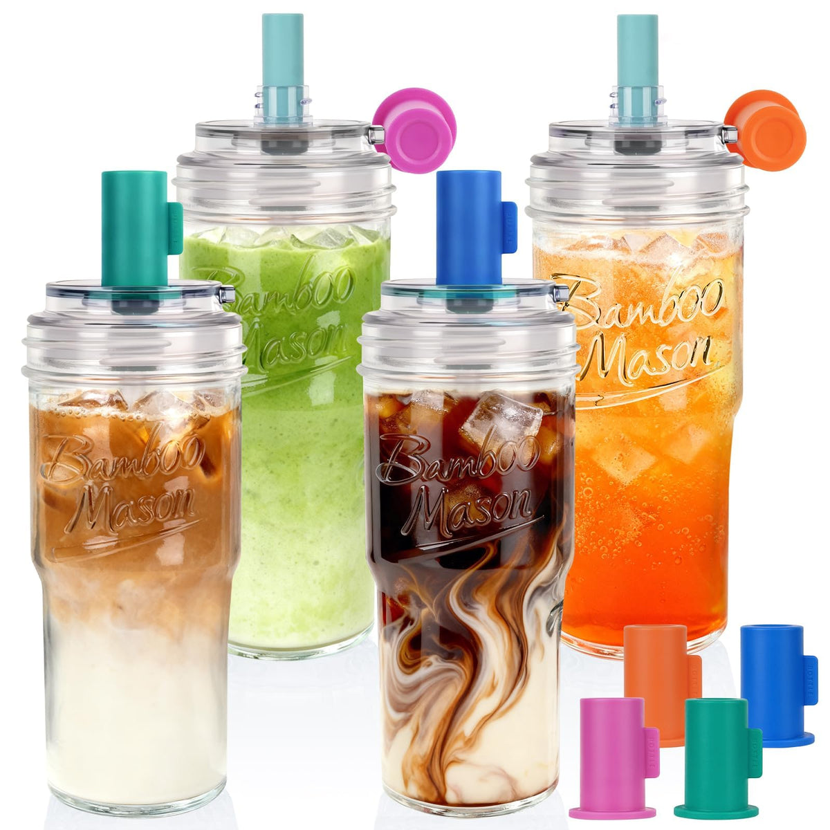 ANOTION Glass Cups With Lids And Straws, Leakproof Tumbler Mason Jar Coffee Cup, Cap Cup Leak-Proof with Straw, Reusable Iced Coffee Smoothie Matcha Cup Aesthetic Coffee Gifts Women