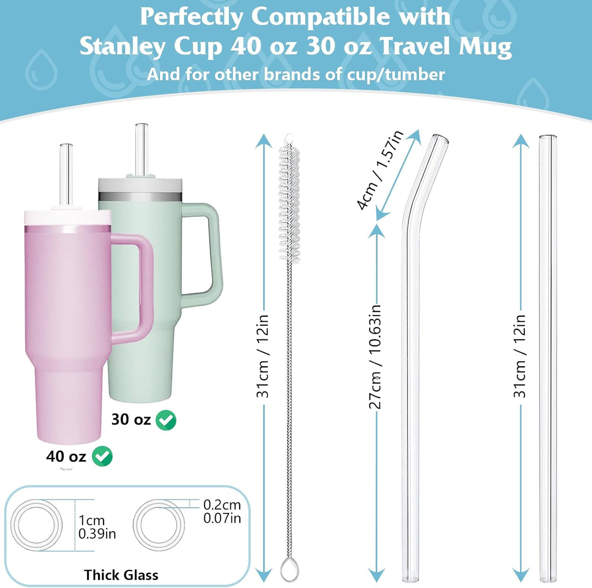 AOTWAN Glass Straws for Stanley 8pcs 40/30 oz Tumbler,12inch Replacement Straw for Stanley 4 Straight and 4 Bent with 2 Brushesh,Reusable Glass Straws for Stanley Cup