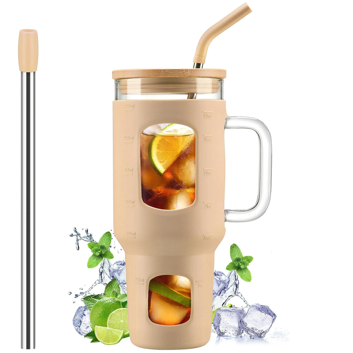 WINSA Glass Tumbler with Straw and Lid, 40 oz, Olive