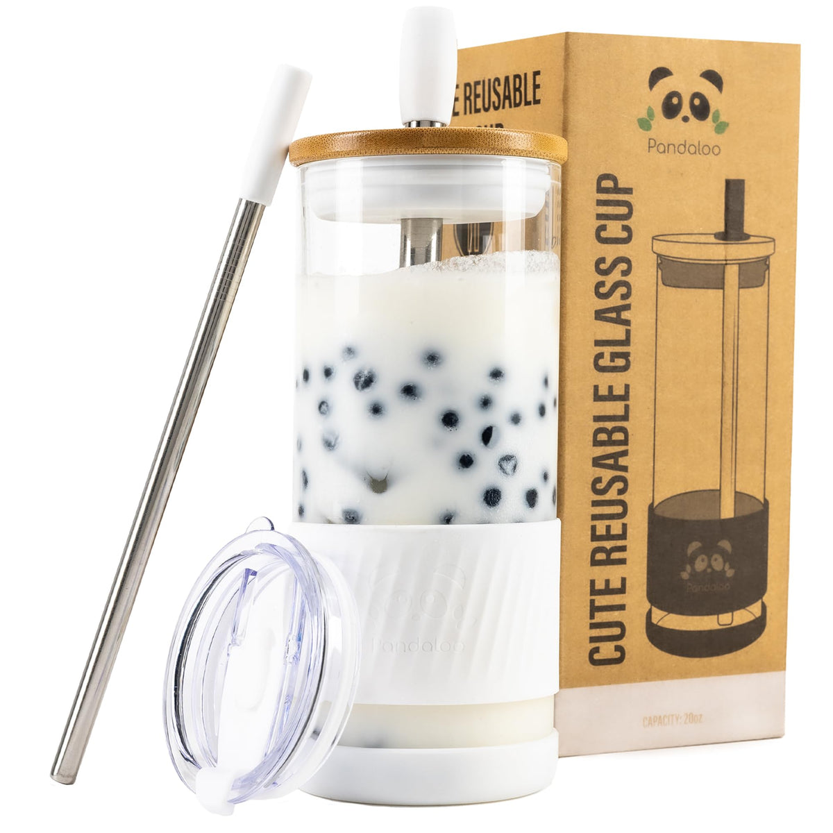 Pandaloo® Glass Cups With Lids and Straws -20 Fl Oz- Perfect Size Iced Coffee Cup - Smoothie Cup With Bamboo Lid and On the go Lid (Creamy Mushroom, 1 Count (Pack of 1)