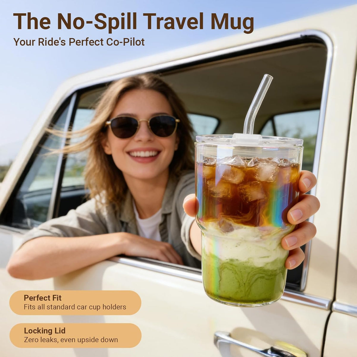 Luxfuel 16 oz Glass Cups with Lids and Straws Reusable Iced Coffee Tumbler