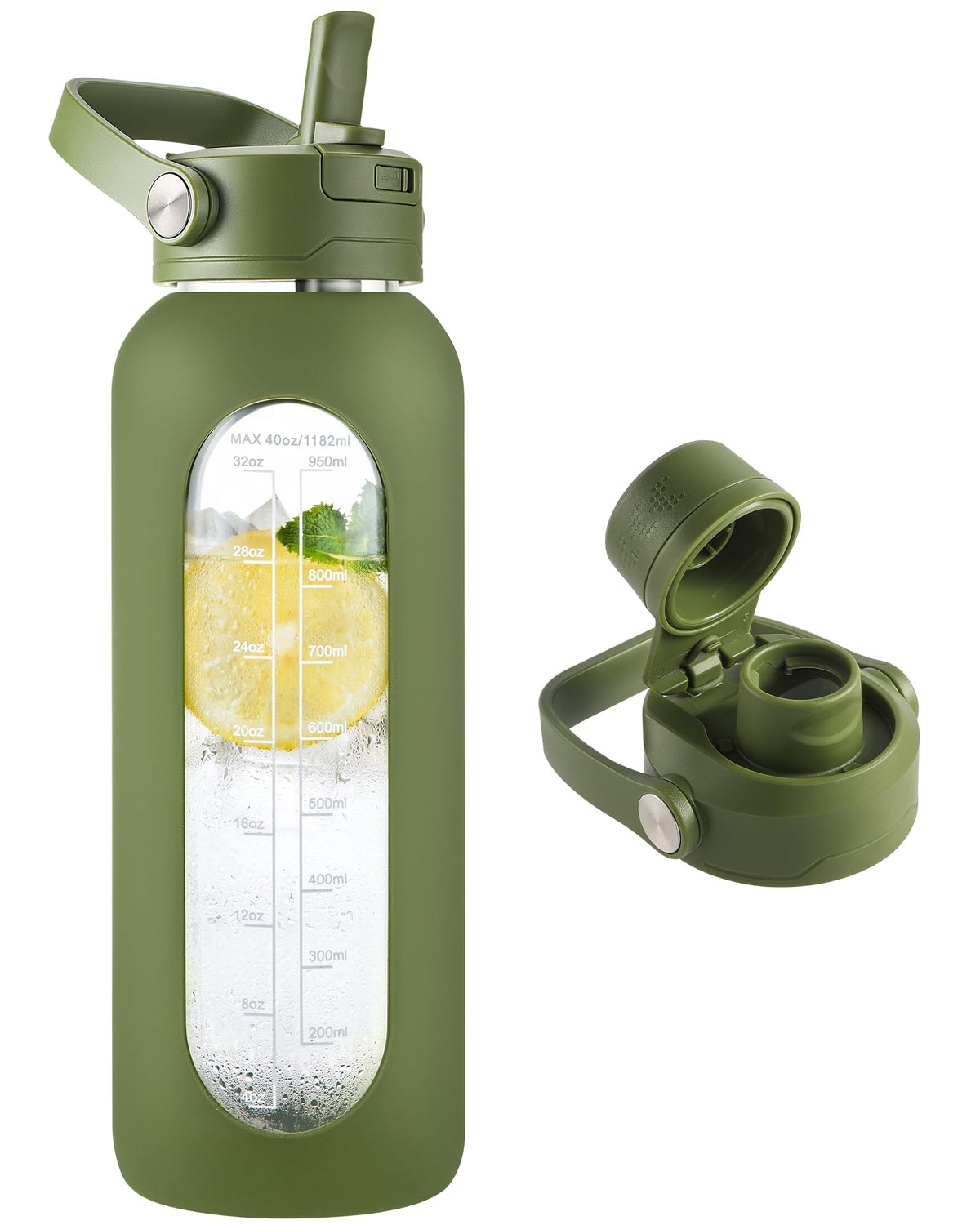 CIVAGO 64 oz Glass Water Bottle Jug with Detachable Straw and Time Maker