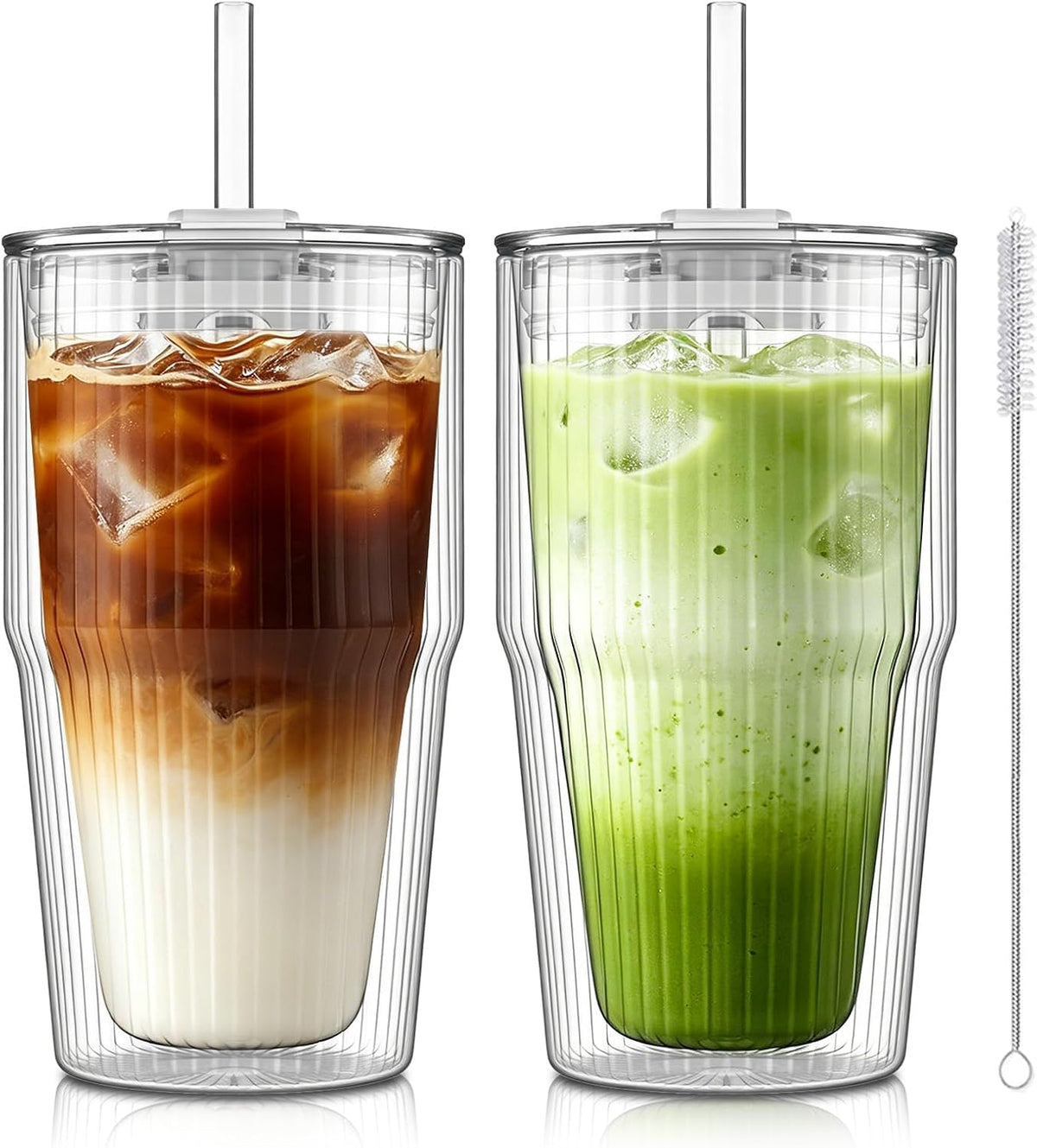 KEMORELA Double Wall Glass Tumbler,16oz Glass Tumbler with Lids and Straws