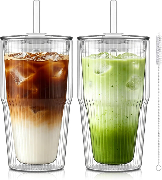 KEMORELA Double Wall Glass Tumbler,16oz Glass Tumbler with Lids and Straws