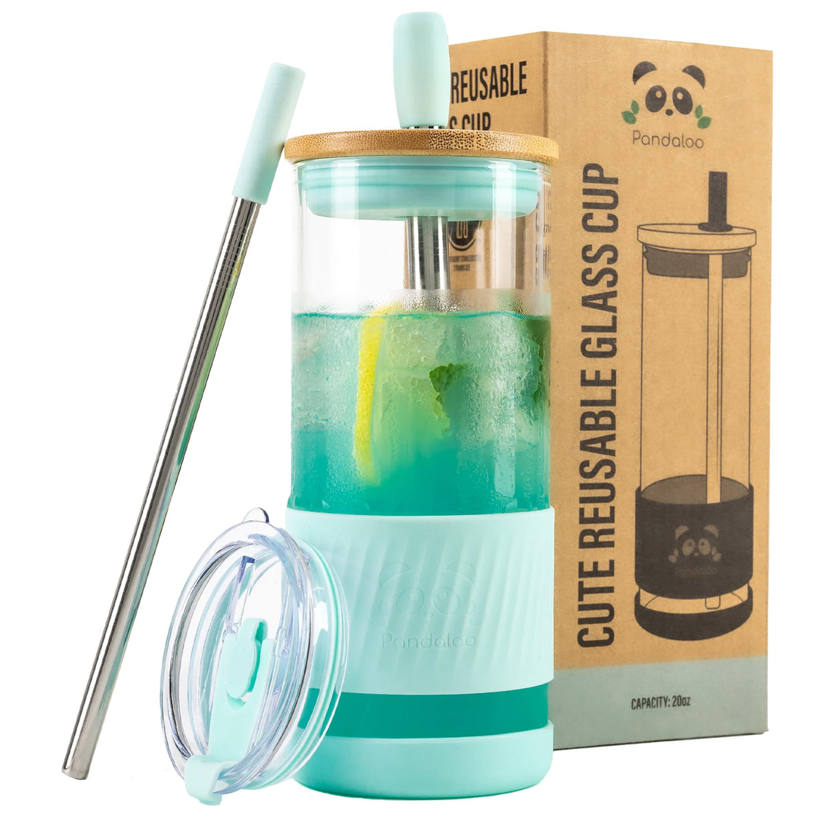 Pandaloo® Glass Cups With Lids and Straws -20 Fl Oz- Perfect Size Iced Coffee Cup - Smoothie Cup With Bamboo Lid and On the go Lid (Creamy Mushroom, 1 Count (Pack of 1)