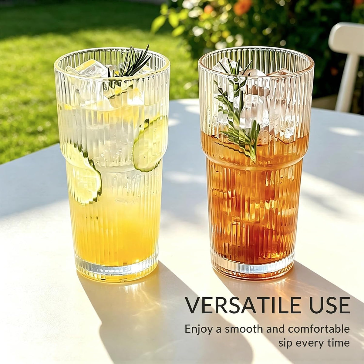 Puraville Glass Cups with Lids and Straws, 20oz, Ribbed Pattern