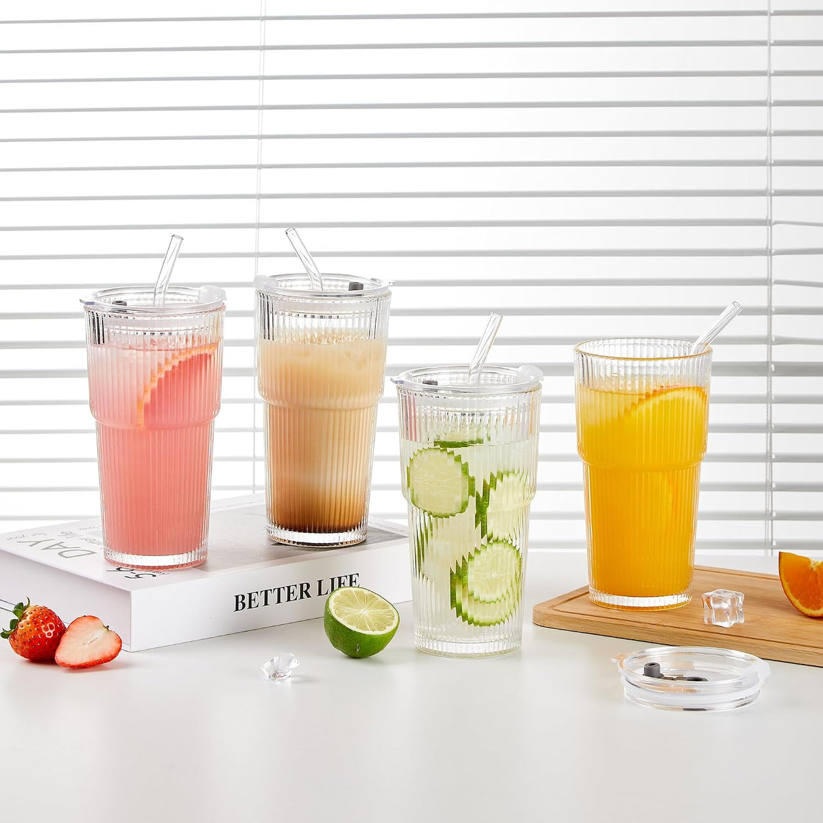 Wells 20oz Glass Cups with Lids and Straws, Ribbed Iced Coffee Cups, Thickened Drinking Glass Tumbler, Ideal for Coffee, Smoothies, Cocktails, and Juices, Clear, Set of 4