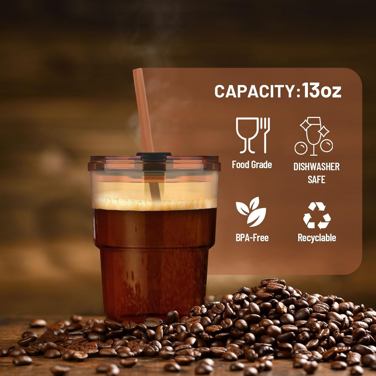 Luxfuel 13 oz Glass Cups with Lids and Straws Reusable Iced Coffee Tumbler
