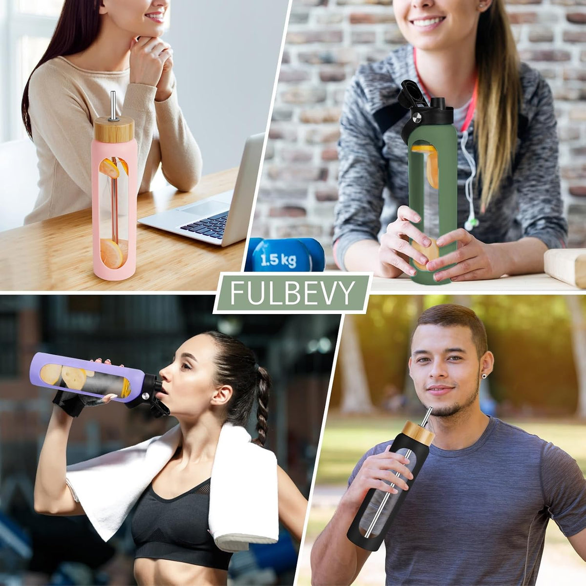 FULBEVY 32 oz Glass Water Bottles - 1 Liter Motivational Tumbler Water Bottle Time Marker - Borosilicate Glass Water Bottle With Silicone Sleeve and 2 Lids, Handle Spout & Bamboo Straw Lid (Olive)
