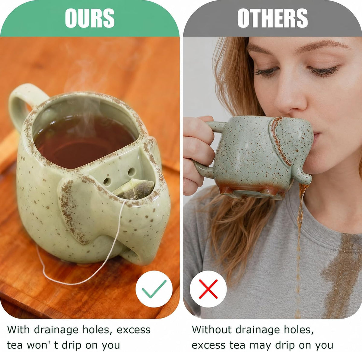 Elephant Mugs Unique Tea Mug for Women Tea Lover Ceramic Green 15 oz