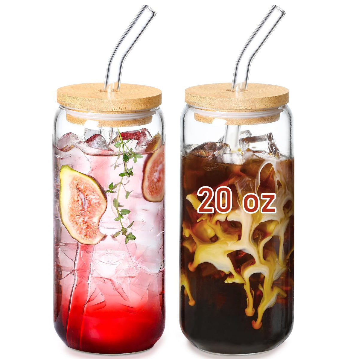 VITEVER 20 OZ Glass Cups with Bamboo Lids and Glass Straw - Beer Shaped Drinking Glasses Set, Iced Coffee Glasses, Cute Tumbler Cup, Aesthetic Coffee Bar Accessories, Gift - 2 Pack