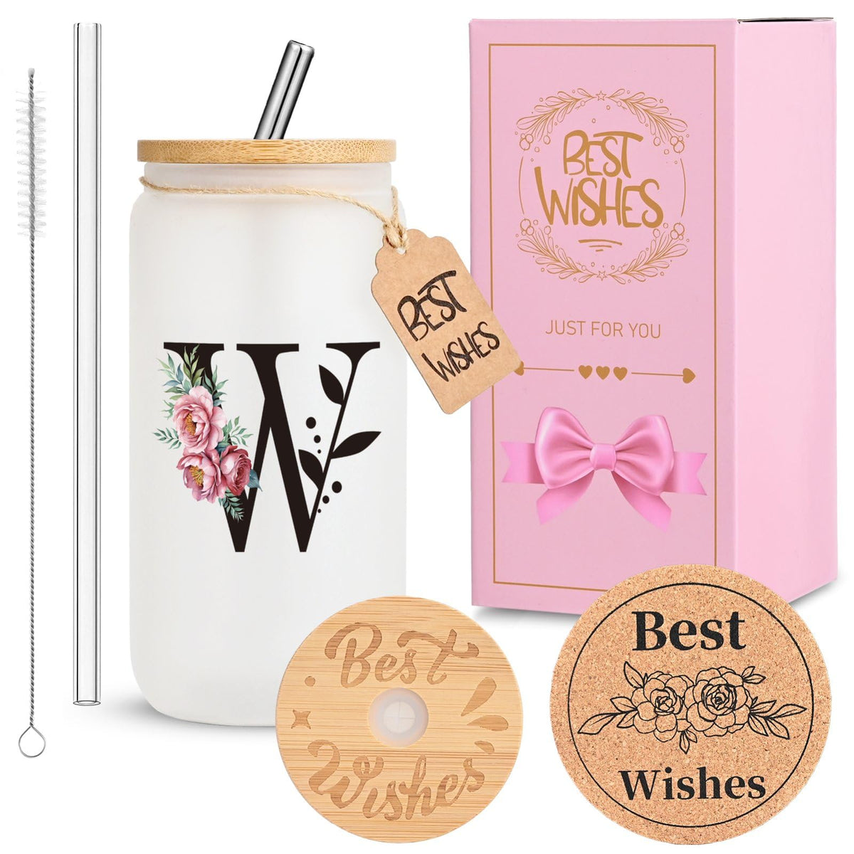 16oz Monogrammed Glass Tumbler, Frosted with Lid and Straw, Initial F