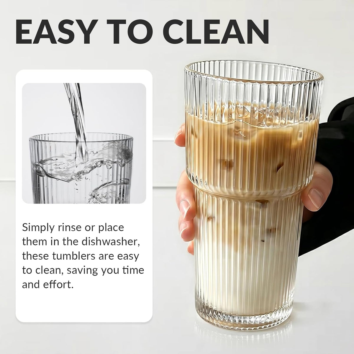 Puraville Glass Cups with Lids and Straws, 20oz, Ribbed Pattern