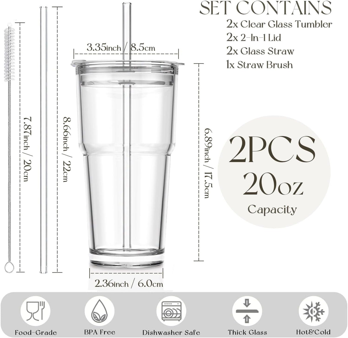 KEMORELA 20oz Crystal‑clear Iced Coffee Cups with Lids, Glass Cups Tumblers