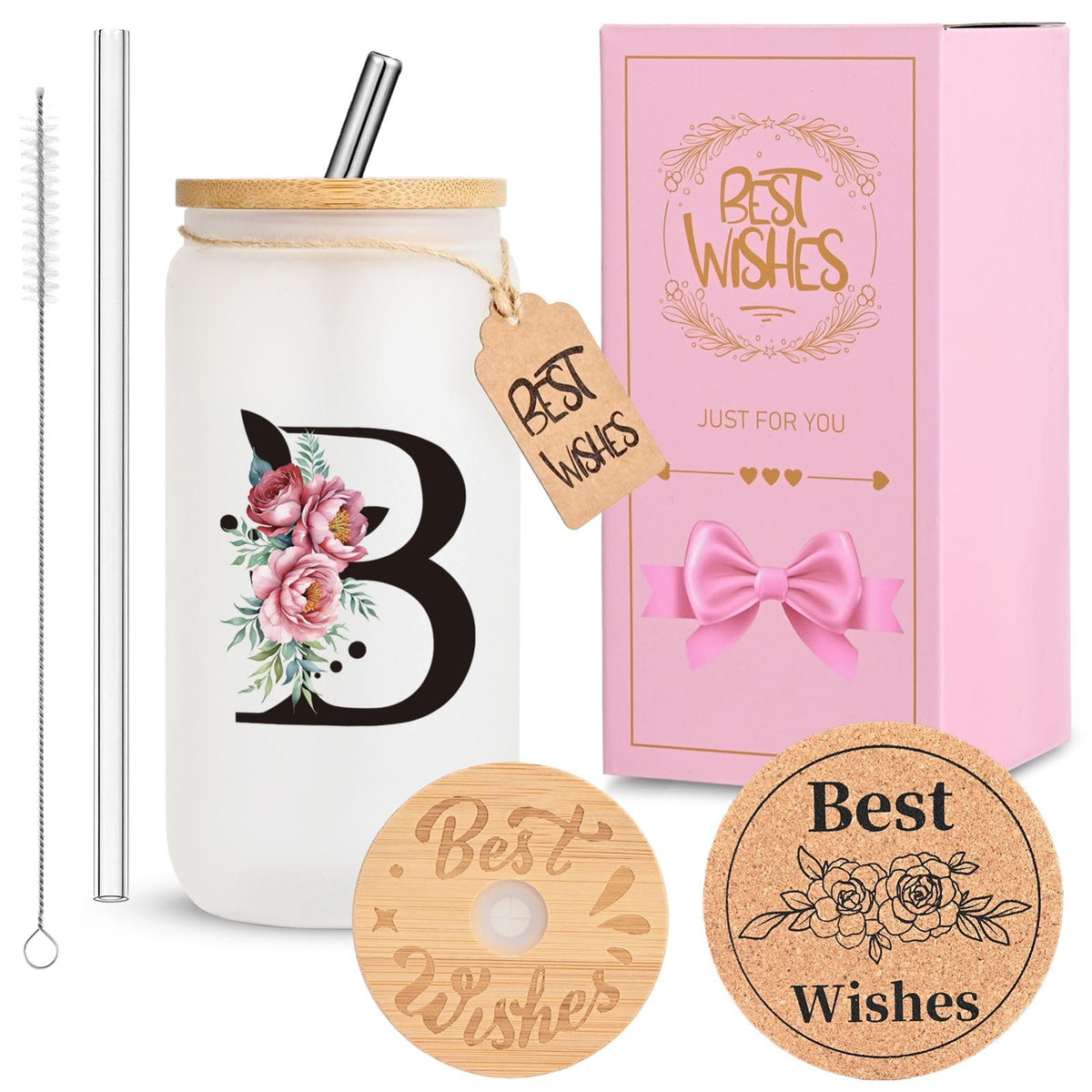 16oz Monogrammed Glass Tumbler, Frosted with Lid and Straw, Initial F