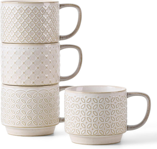DOWAN 12oz Coffee Mugs Set of 4, Ceramic Coffee Mugs, Stackable Cappuccino Cups, Microwave Safe and Large Handle, Office and Home Use