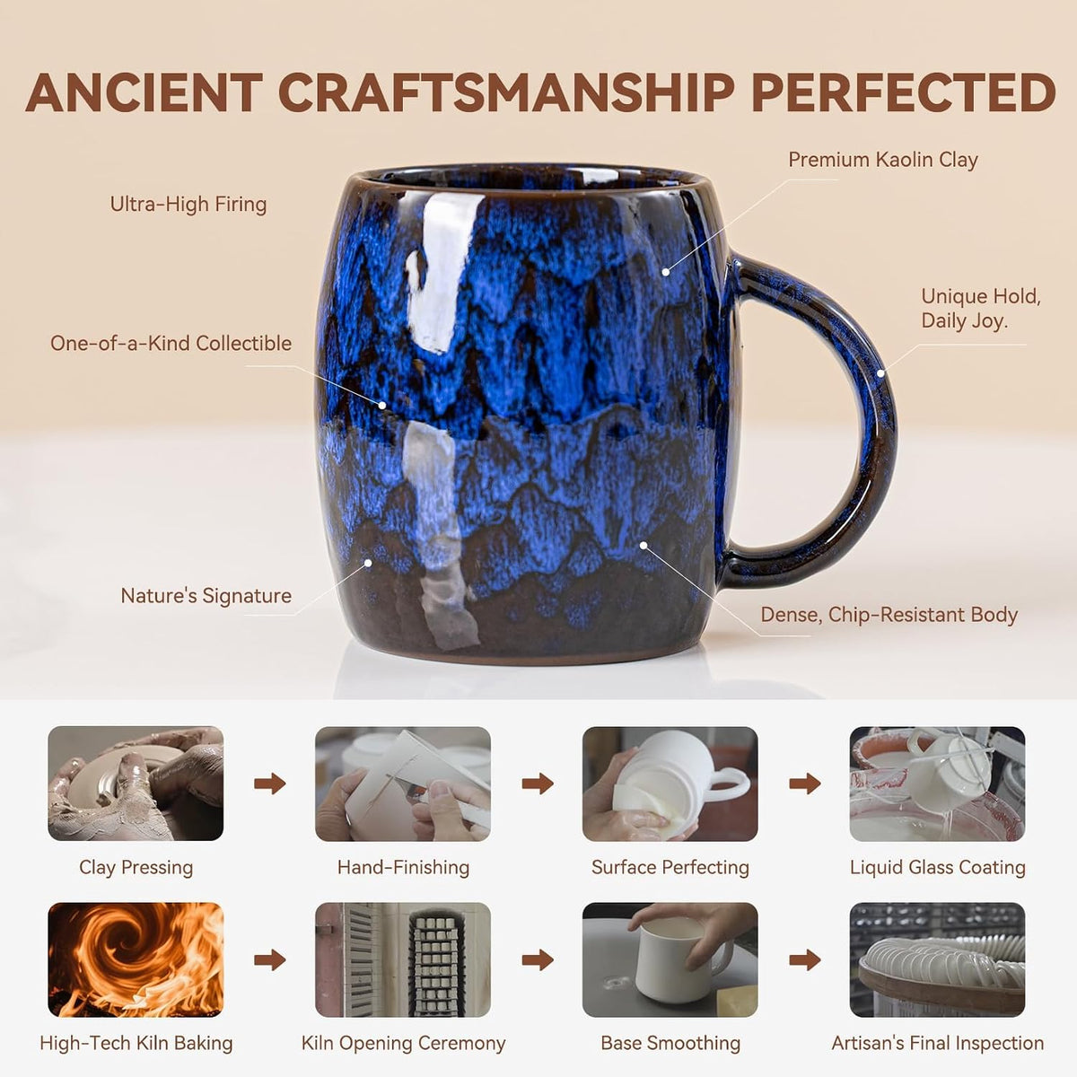 Deep Cobalt Ceramic Mug, 14oz Reactive Glaze Coffee Mug, Office Gift