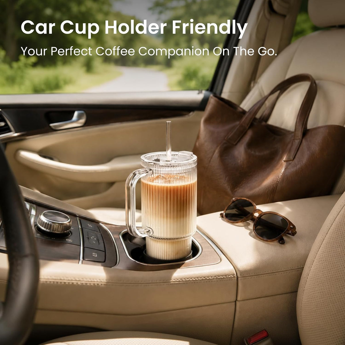 INSETLAN 24 oz Ribbed Glass Tumbler with Handle, 2-Pack Iced Coffee Cups