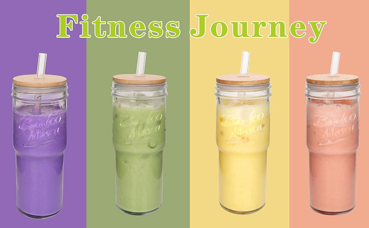 ANOTION Glass Cups With Lids And Straws, Leakproof Tumbler 24oz Mason Jar Coffee Cup, Cap Cup Leak-Proof with Straw, Reusable Iced Coffee Smoothie Matcha Cup Aesthetic Coffee Gifts Women 2pc