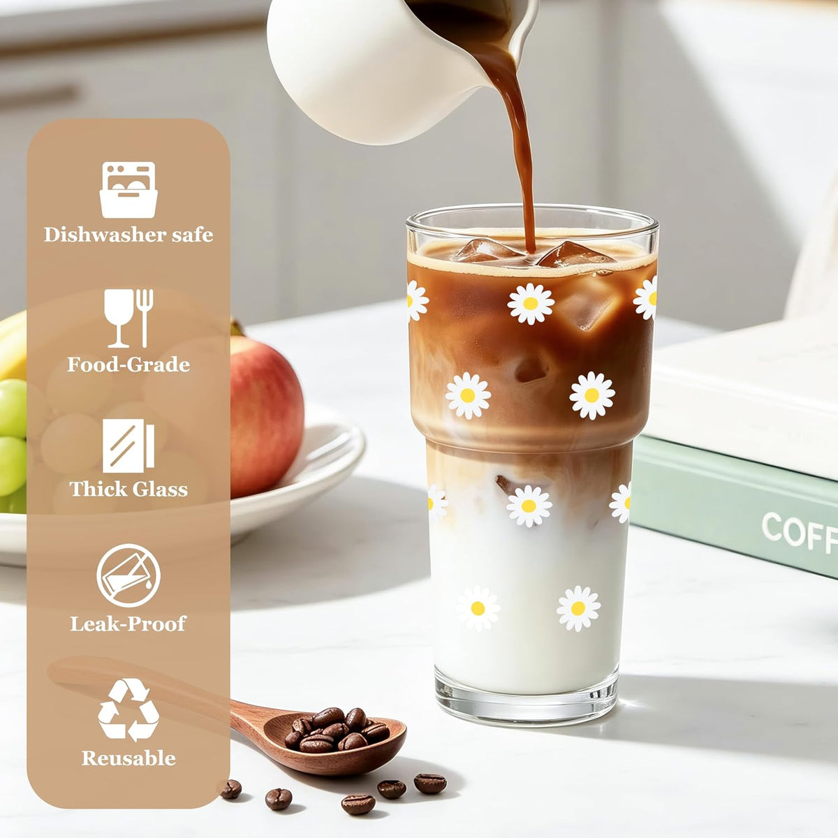 Cute Glass Cups with Lid and Straws, 20oz, Reusable Iced Coffee Cup Tumbler