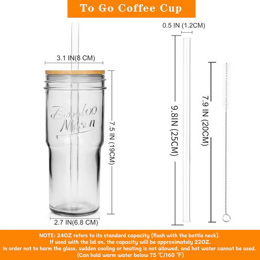 ANOTION Glass Cups With Lids And Straws, Leakproof Tumbler 24oz Mason Jar Coffee Cup, Cap Cup Leak-Proof with Straw, Reusable Iced Coffee Smoothie Matcha Cup Aesthetic Coffee Gifts Women 2pc