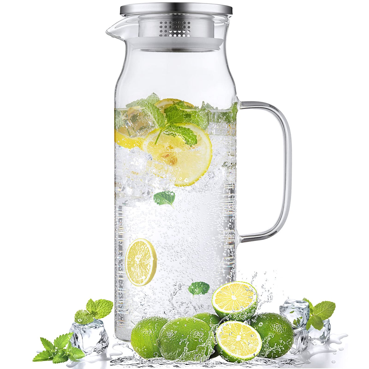 Bivvclaz 2 Liter 68 oz Glass Pitcher with Lid and Handle, Glass Carafe for Hot/Cold Water, Large Iced Tea Pitcher for Coffee, Juice and Homemade Beverage