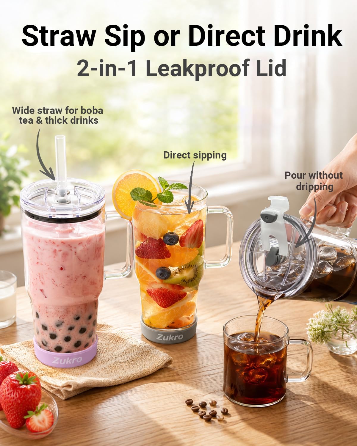 Zukro 32 oz Glass Water Tumbler with Handle & Straw, 2-in-1 Leak Proof Lid