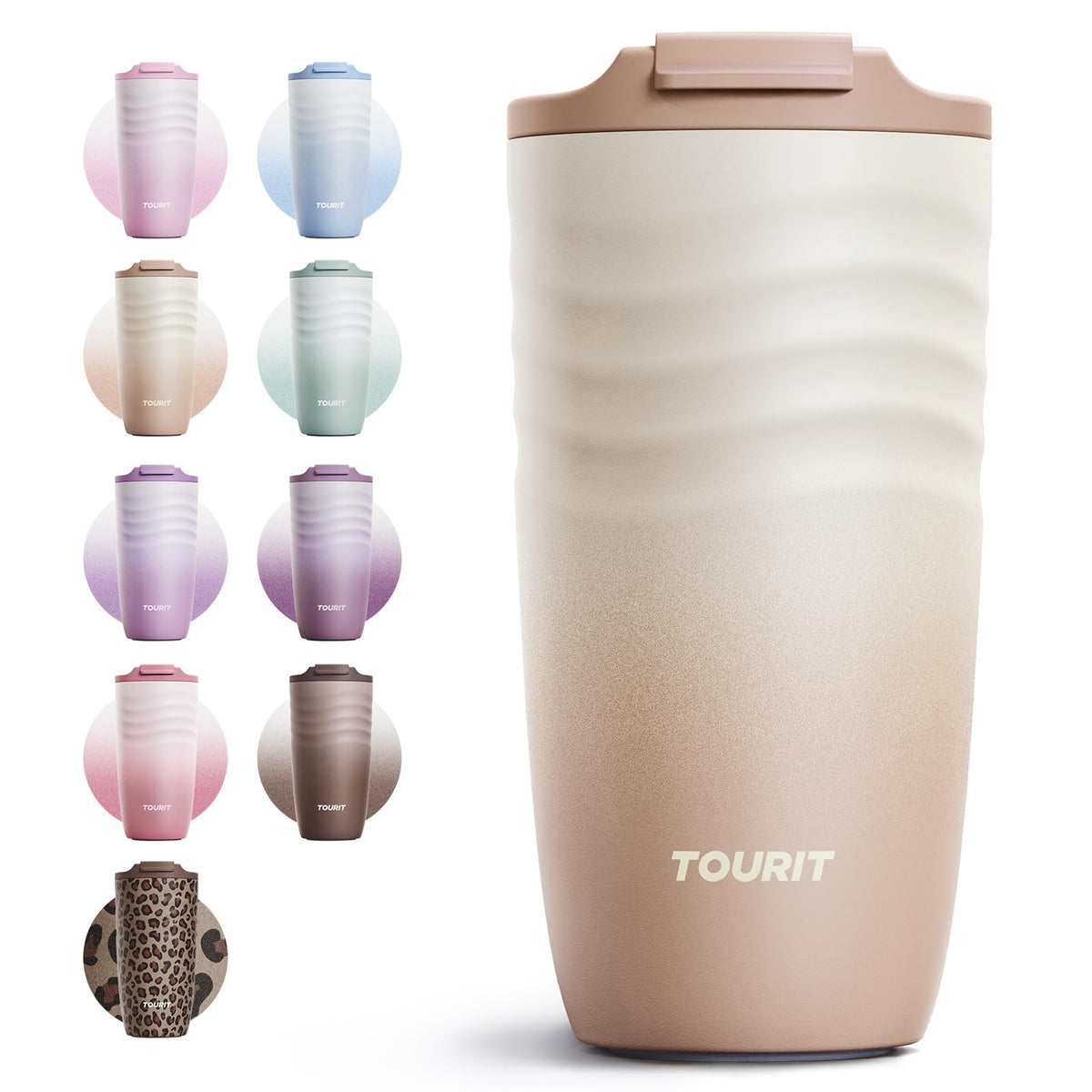 TOURIT 12 oz Travel Coffee Mug, Vacuum Insulated Stainless Steel Tumbler with Ripple-Wave Anti-Slip Grip, Built-in Silicone Bottom for Quiet & Stable, Leak-Proof Lid, Fits Car Cup Holder, Pink