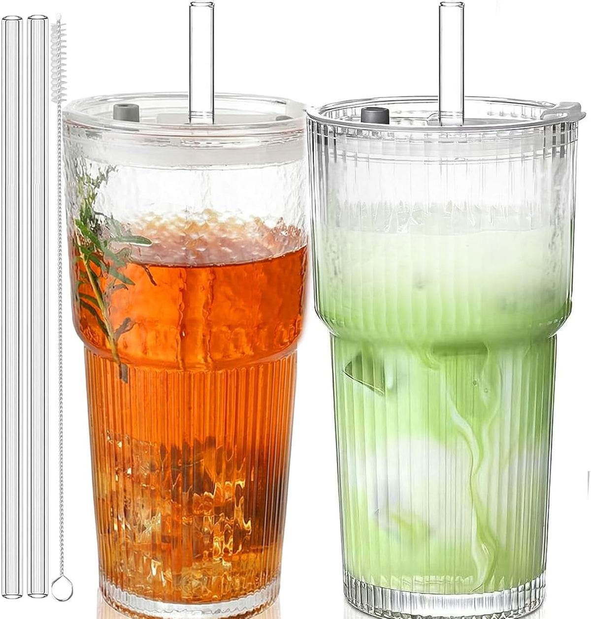 20oz Glass Cups with Lids and Straws: Iced Coffee Tumbler with Lids, Reusable Thick Drinking Ribbed to Go Glasses Matcha Cup for Juice, Smoothies, Cold Beverages with Clean Brush,2 PCS