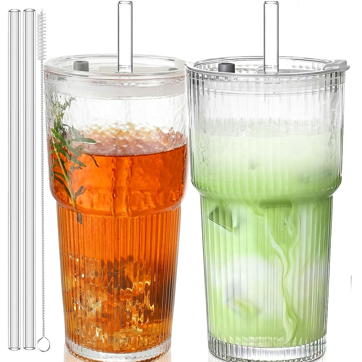 20oz Glass Cups with Lids and Straws: Iced Coffee Tumbler with Lids, Reusable Thick Drinking Ribbed to Go Glasses Matcha Cup for Juice, Smoothies, Cold Beverages with Clean Brush,2 PCS