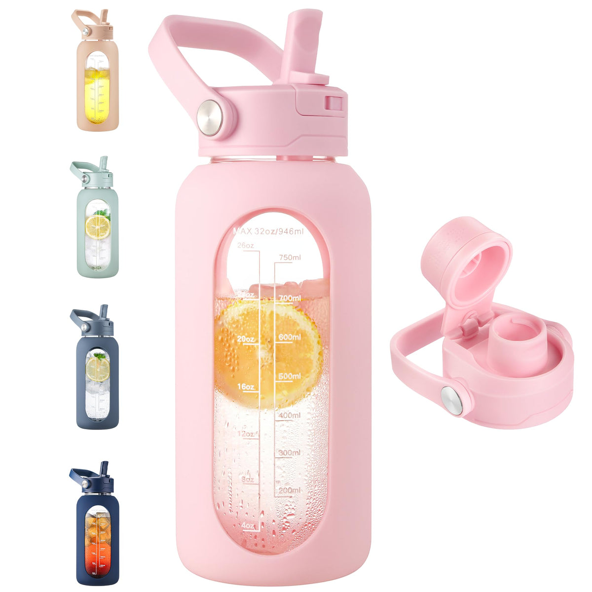 CIVAGO 64 oz Glass Water Bottle Jug with Detachable Straw and Time Maker