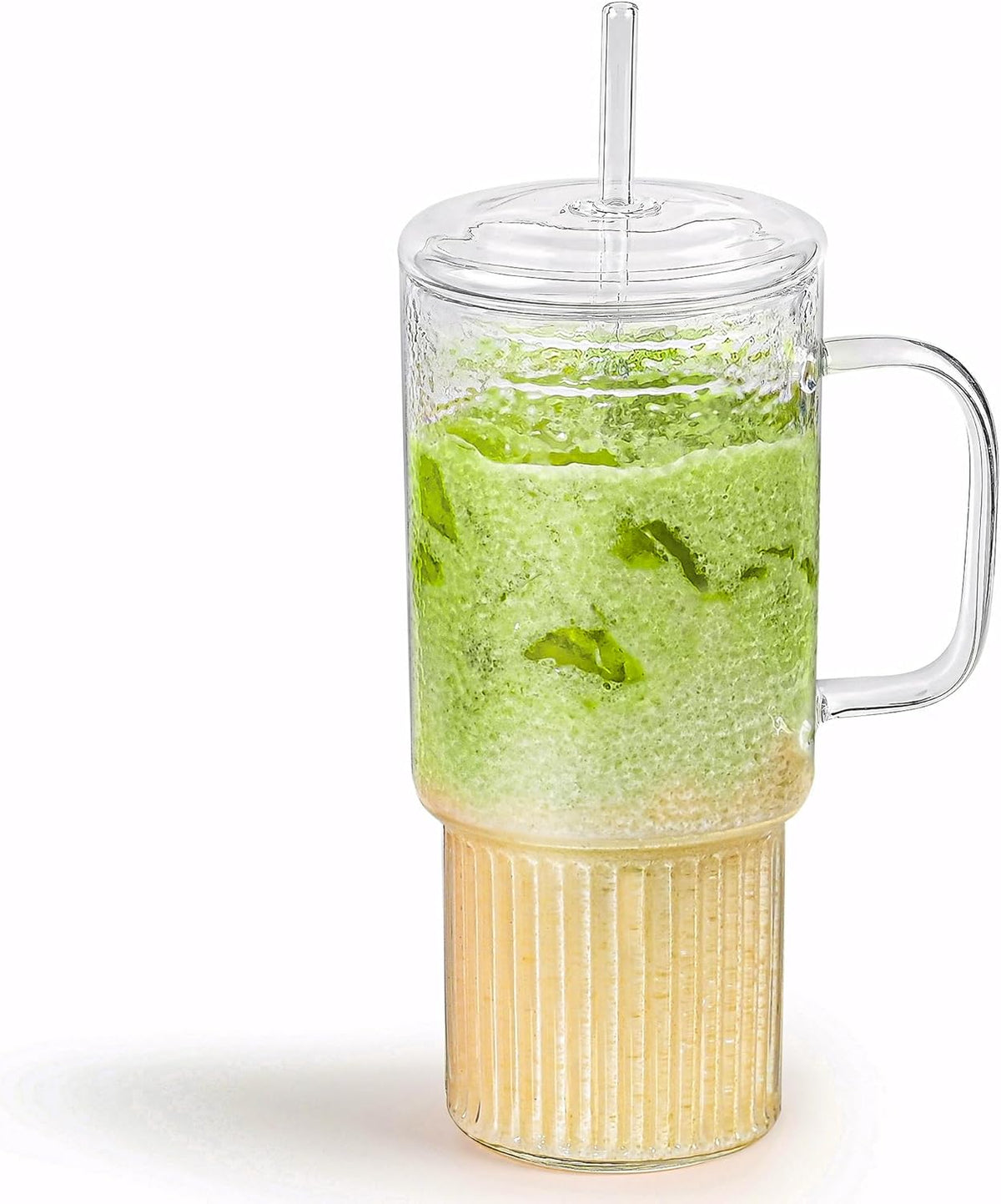 32oz Glass Cups with Handle Lids and Straws, Borosilicate Glass Tumblers for Iced Coffee, Smoothies, Fruit Drinks. Reuseable Glasses Cups for Cold/Hot Water (glass lid 1 pack)