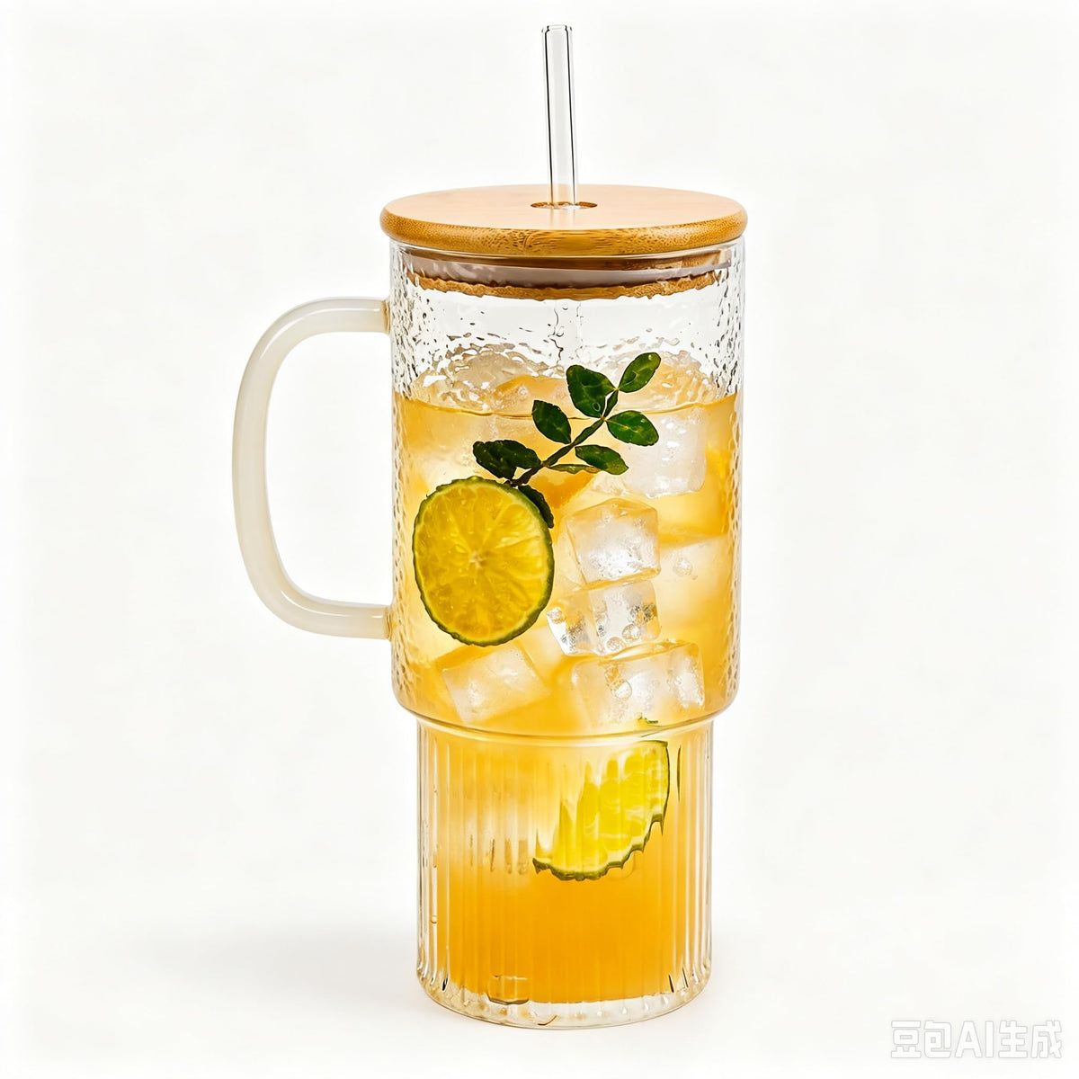 32oz Ribbed Borosilicate Glass Tumbler with Handle, Bamboo Lid and Straw (clear-1 Pack-Bamboo Lid)