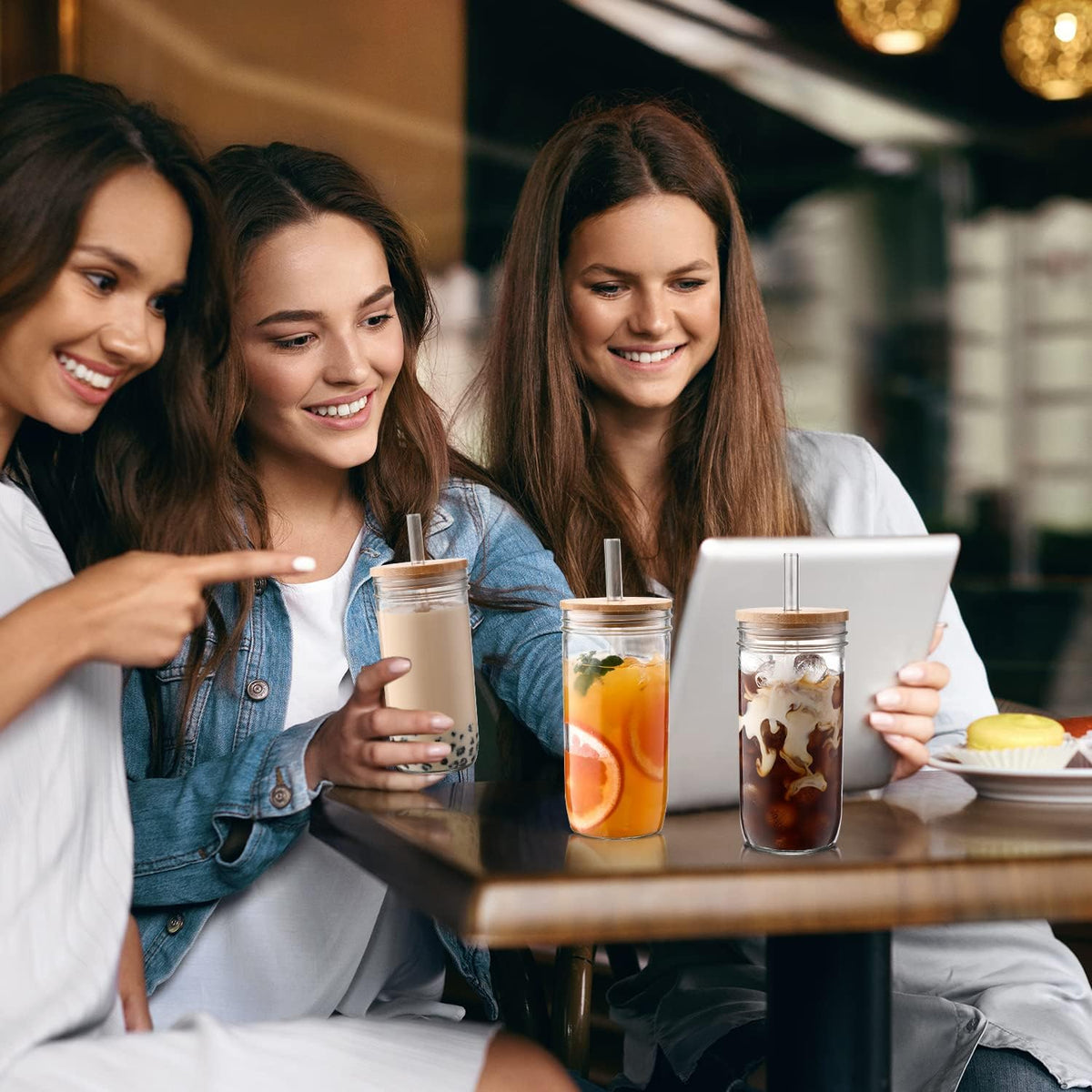Iced Coffee Cups with Lids,Glass Cups with Lids and Straws,4 Coffee Tumbler