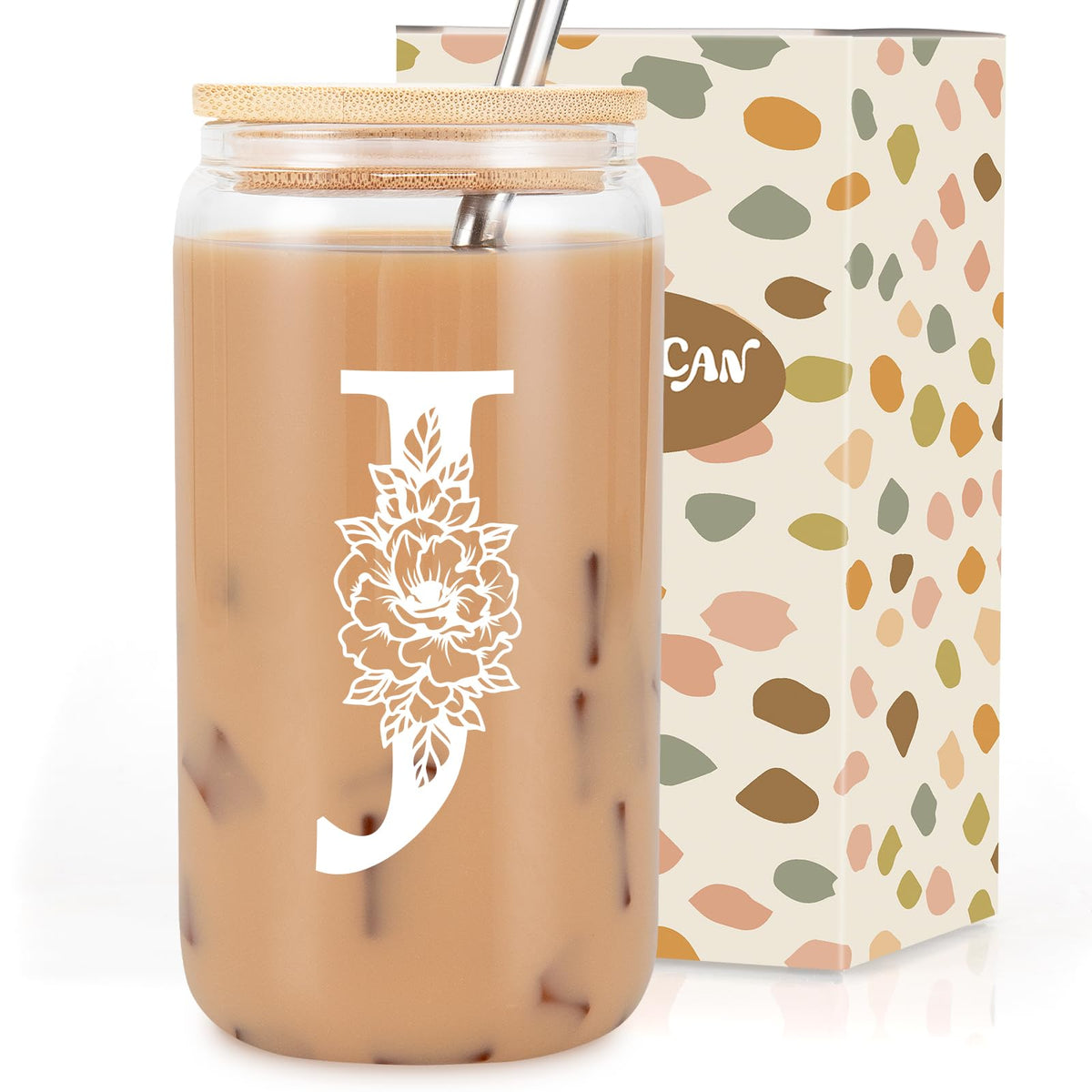 Coolife Initial Glass Cup, Monogrammed Gifts for Women, 16 oz Tumbler w/Lid