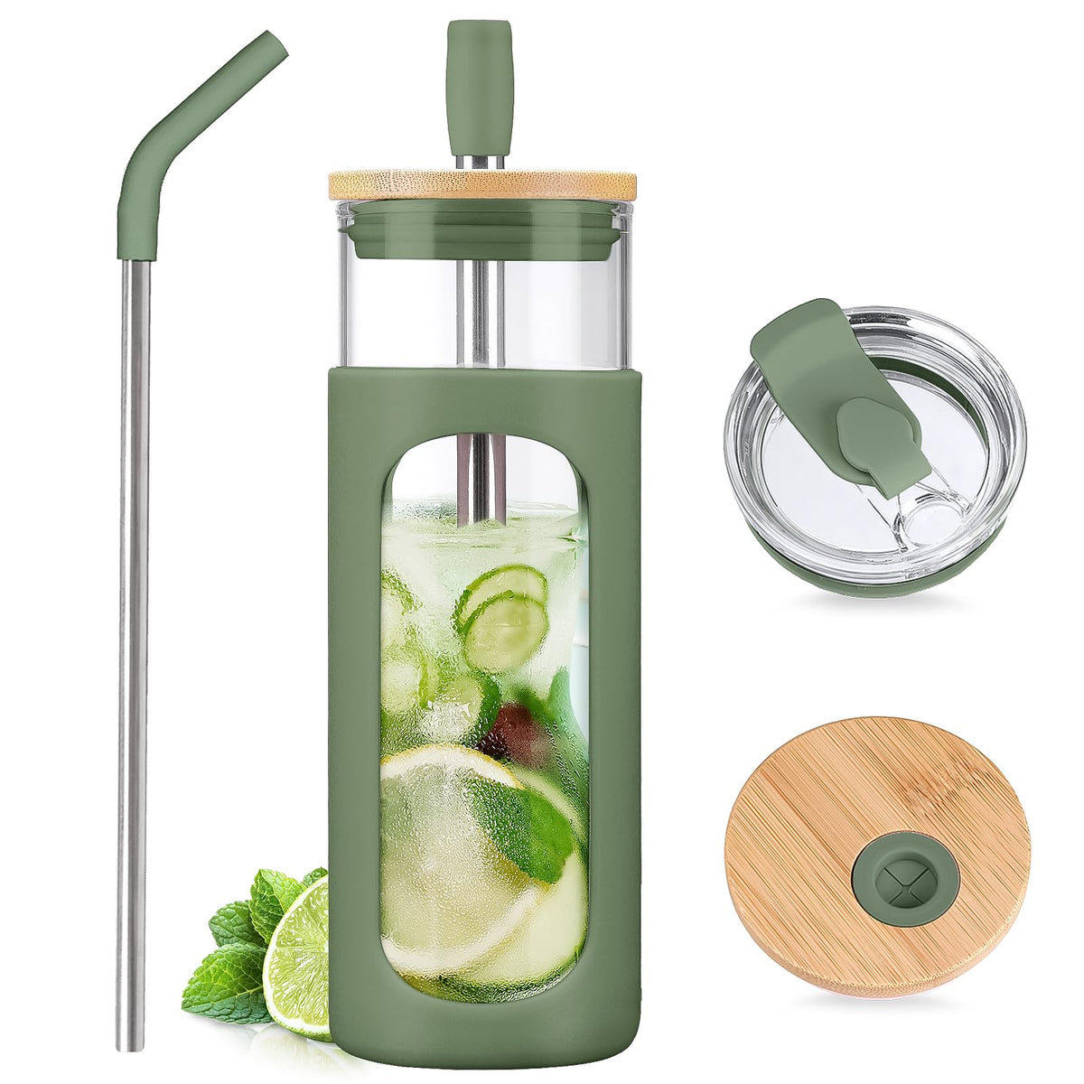 Kodrine 20oz Glass Water Tumbler with Straw and Lid, Bamboo Lids Water Bottle, Iced Coffee Cup Reusable, Wide Mouth Smoothie Cups with Protective Silicone Sleeve BPA FREE-Amber