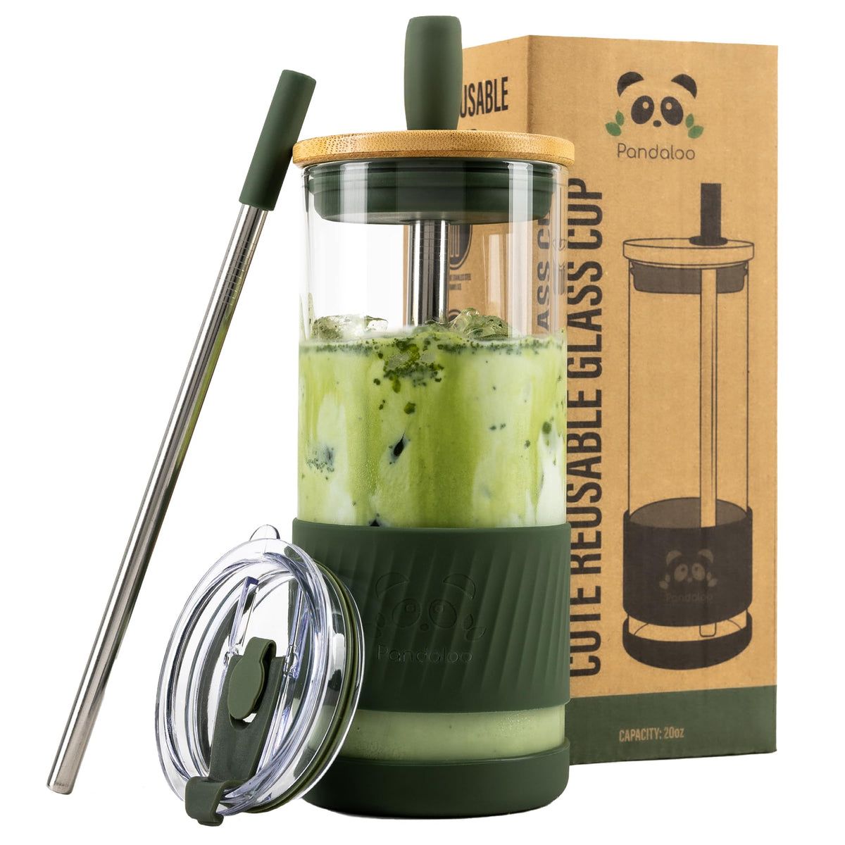Pandaloo® Glass Cups With Lids and Straws -20 Fl Oz- Perfect Size Iced Coffee Cup - Smoothie Cup With Bamboo Lid and On the go Lid (Creamy Mushroom, 1 Count (Pack of 1)