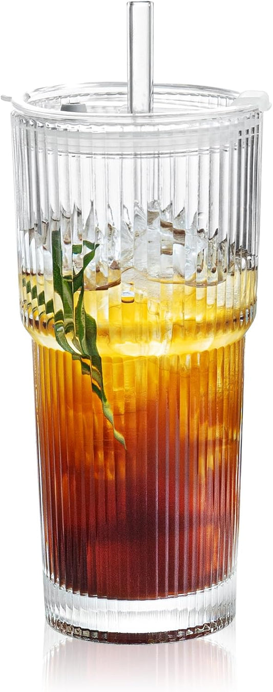 Puraville Glass Cups with Lids and Straws, 20oz, Ribbed Pattern