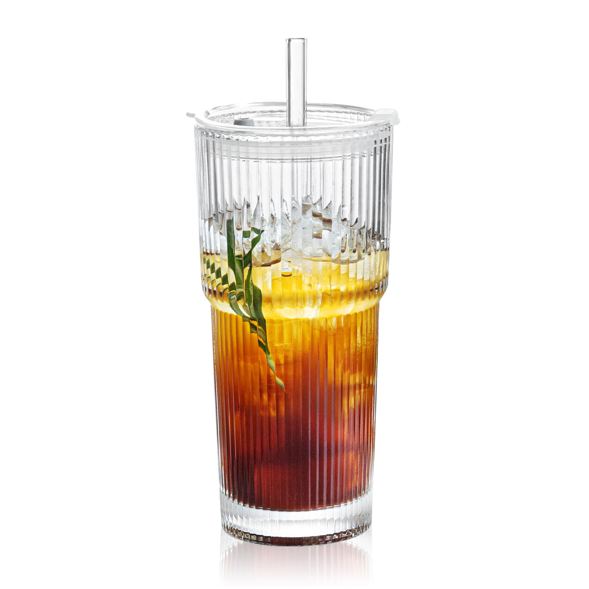 Puraville Glass Cups with Lids and Straws, 20oz, Ribbed Pattern