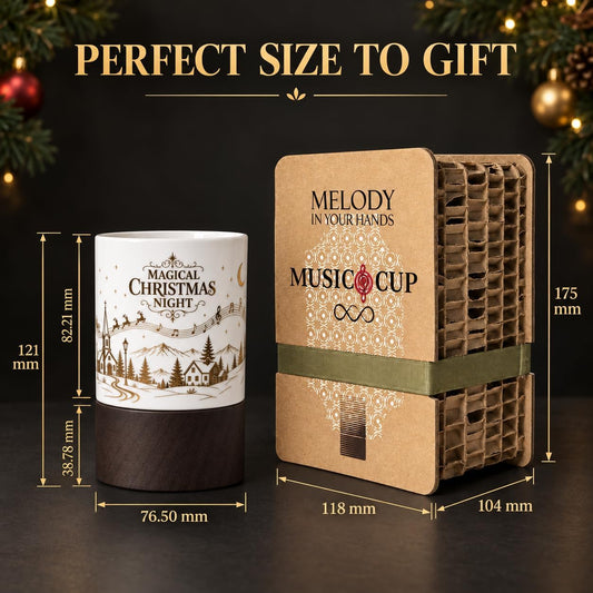 Wind-Up Music Box Mug, Christmas Design, 12 oz Ceramic Coffee Cup with Solid Wood Base, Holiday Gift for Music Lovers, Women and Friends