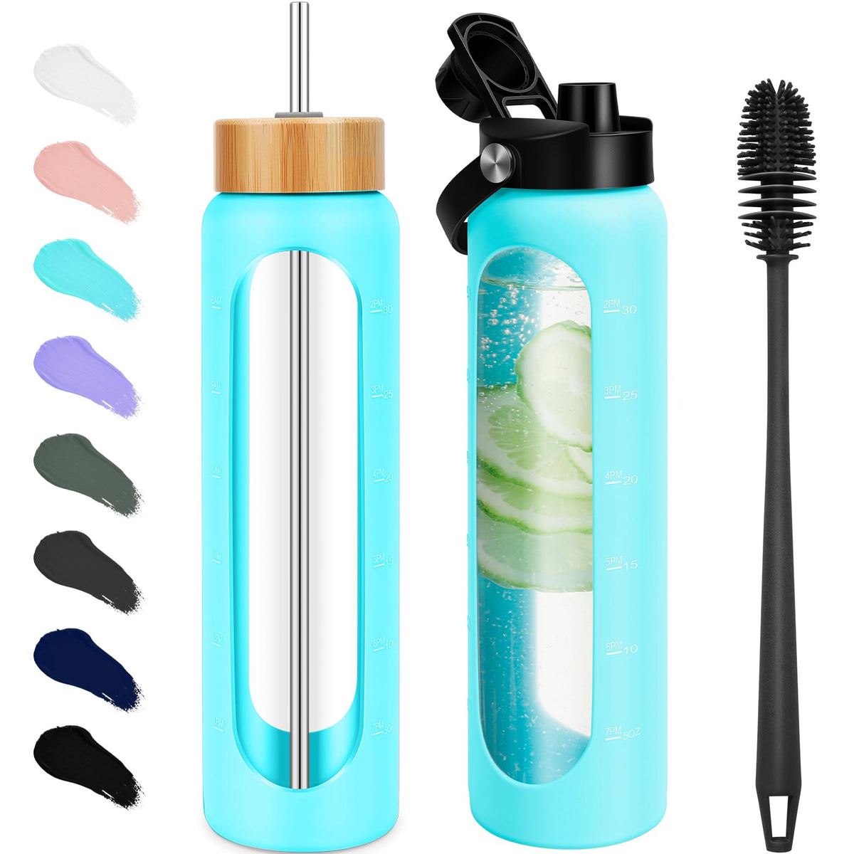 FULBEVY 32 oz Glass Water Bottles - 1 Liter Motivational Tumbler Water Bottle Time Marker - Borosilicate Glass Water Bottle With Silicone Sleeve and 2 Lids, Handle Spout & Bamboo Straw Lid (Olive)