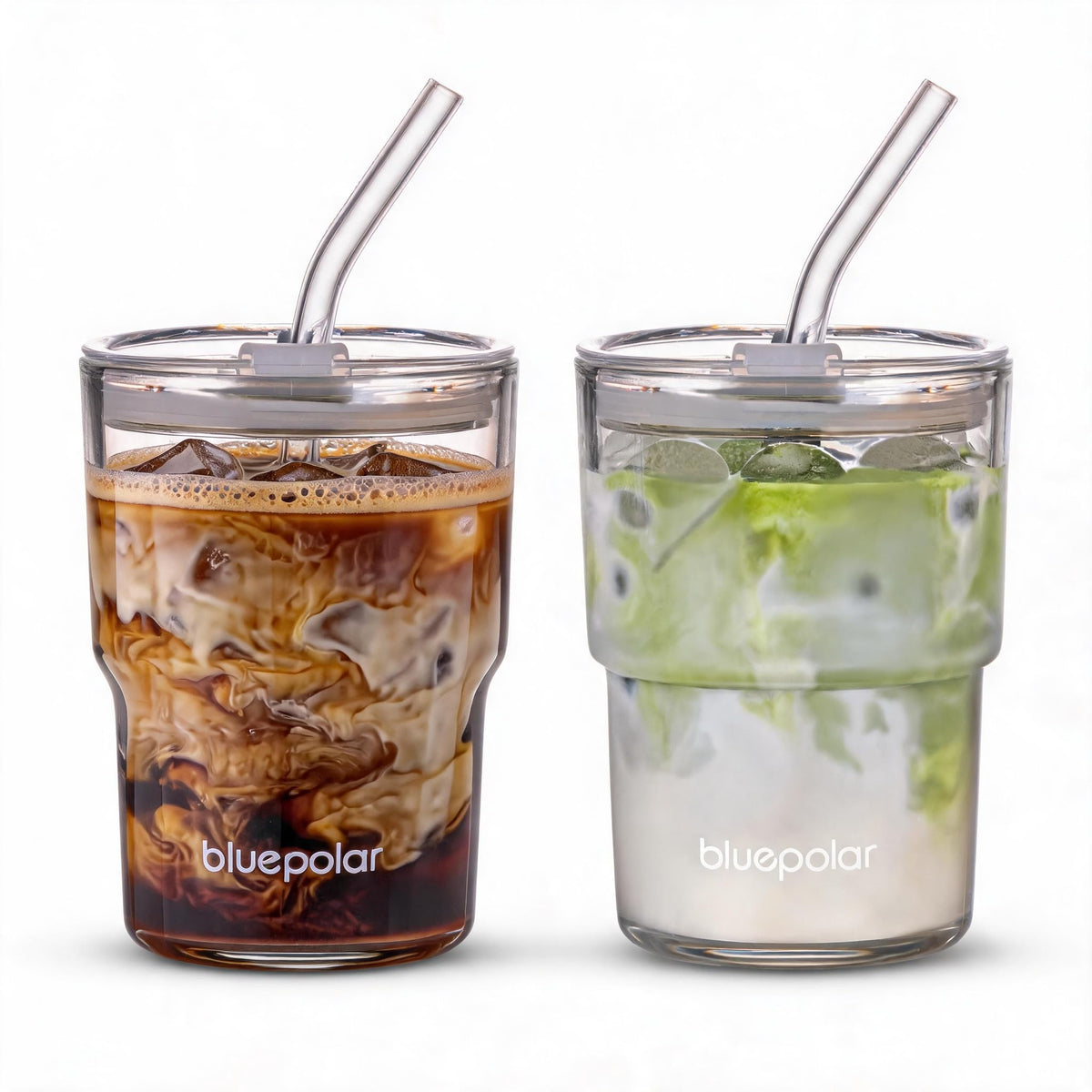BLUEPOLAR 13oz/400ml Iced Coffee Cups with Lids and Straw，Sealed Carry On Thick Wall Glass Matcha Tumbler for Juice，Water, Late,Tea Fits Car Cup Holders for Office，Gym(Aurora White